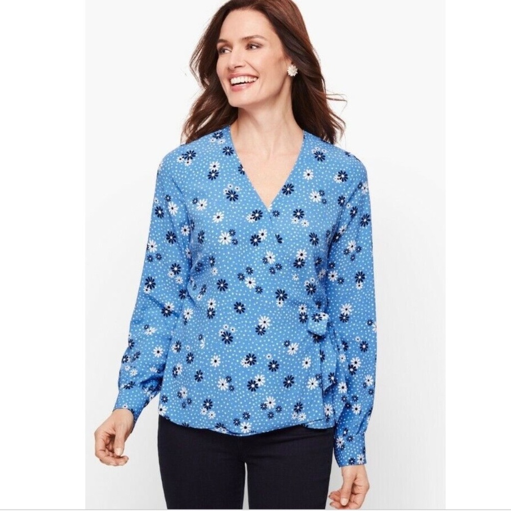 Talbots Poet Sleeve Wrap Top in Blue Flowers & Dots